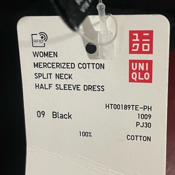 UNIQLO Split Neck Mercerized Cotton Half-Sleeve A-Line Dress, Black, Size Small - Picture 5 of 8